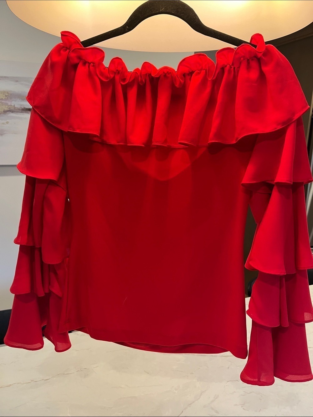Joseph Ribkoff Red Ruffle Off-Shoulder Blouse - Picture 5 of 6